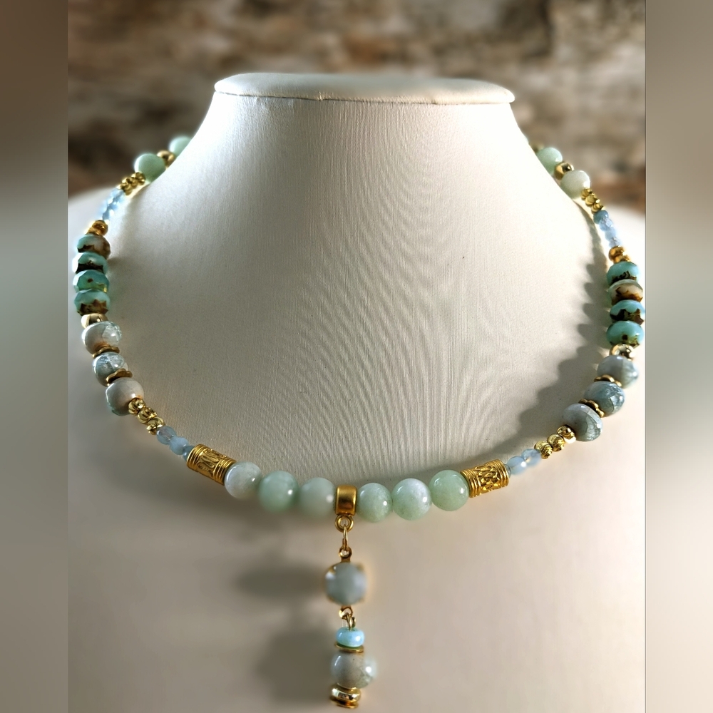 Mint Amazonite And Glazed Porcelain Picasso Beads In Mint Green Necklace